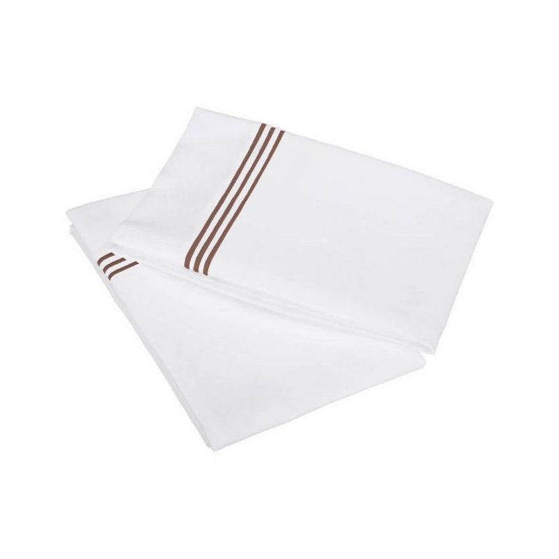 400TC Triple Embroidery Cotton Sateen Pillowcases (Set Of 2), White/Chocolate