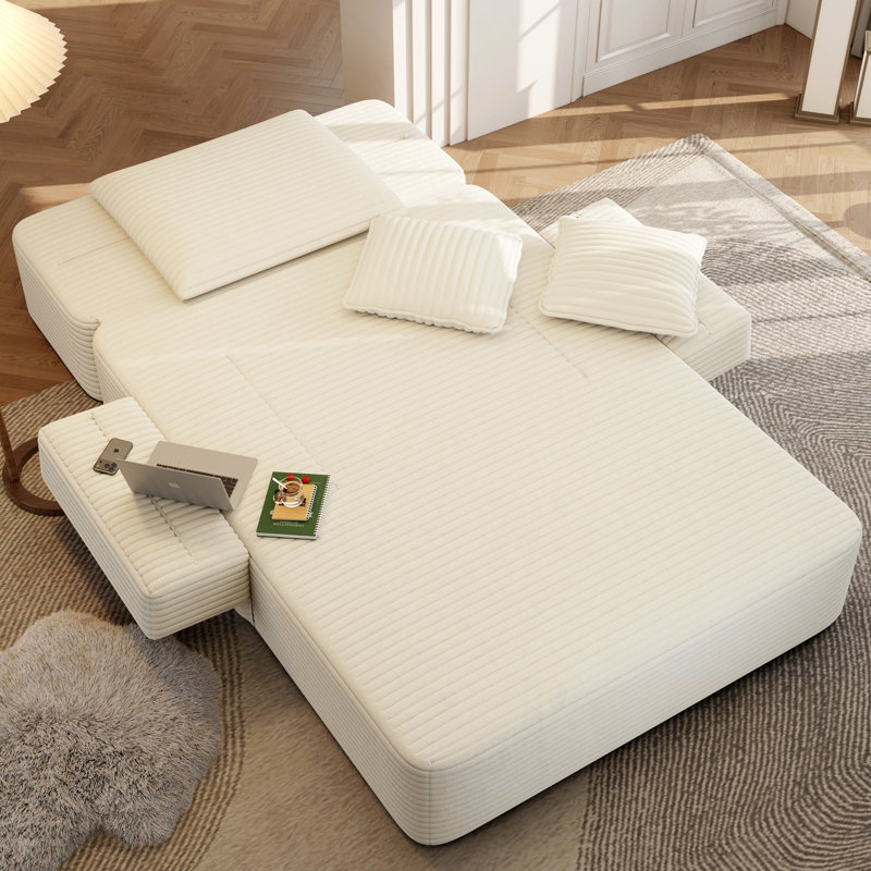 Chaise longue avec 3 coussins et pochette de rangement, Beige