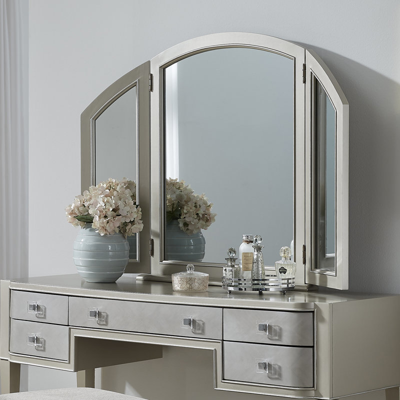 Zoey Silver Tri-Fold Vanity Mirror with Champagne Finish