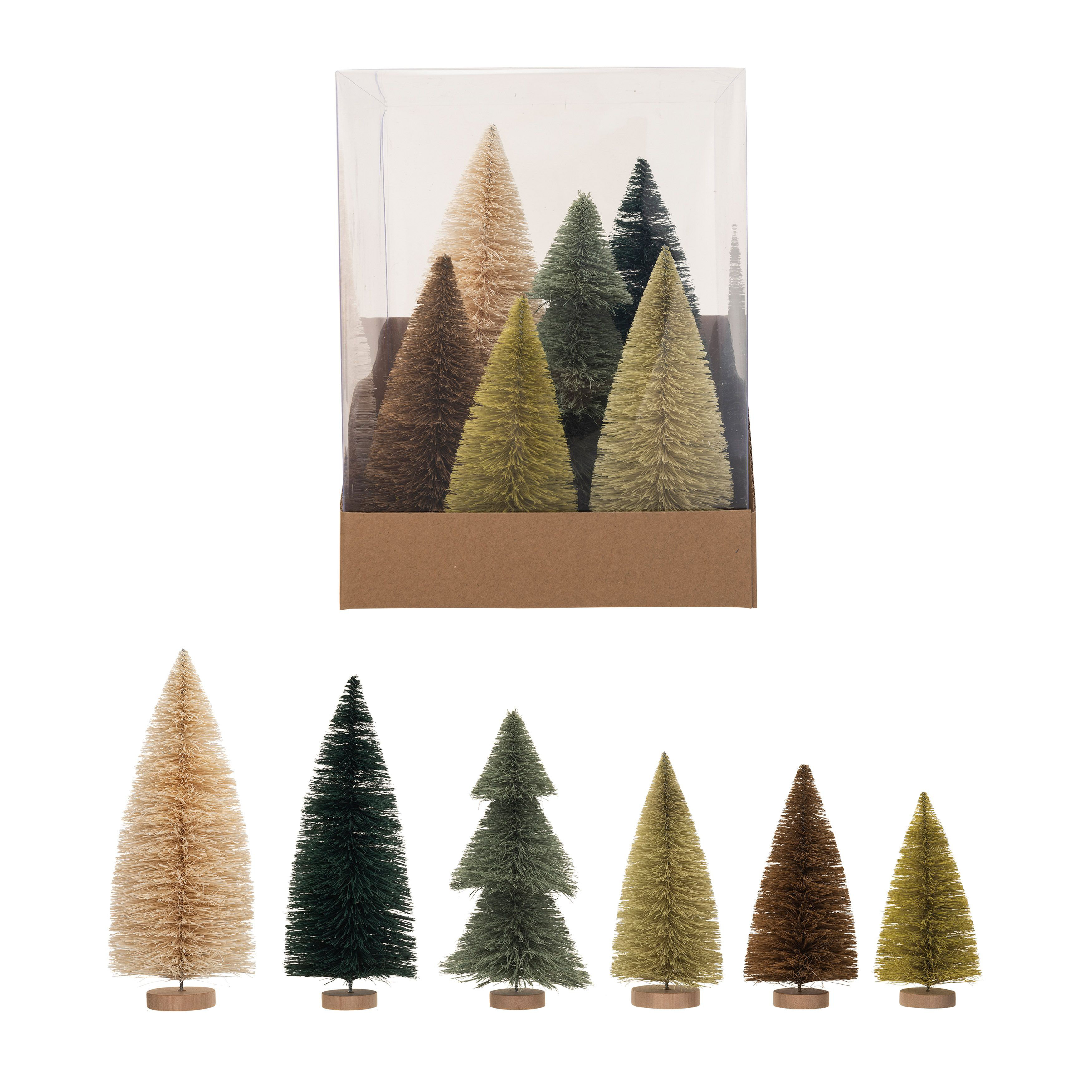 Sisal Bottle Brush Trees w/ Gold Glitter & Wood Base, Boxed Set of 4