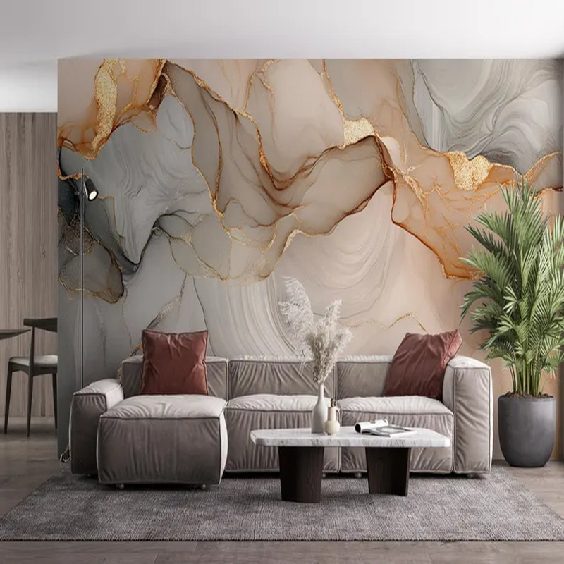 Golden Beige Flow Abstract Marble Wallpaper, 160" L x 108" W