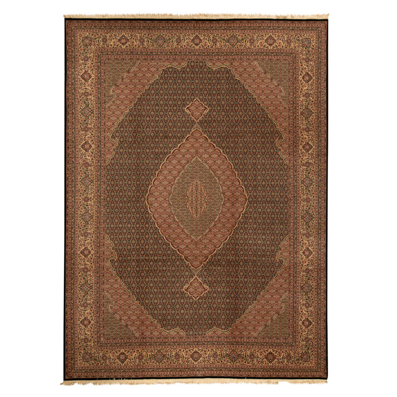 Tapis vert et beige noué à la main de haute qualité