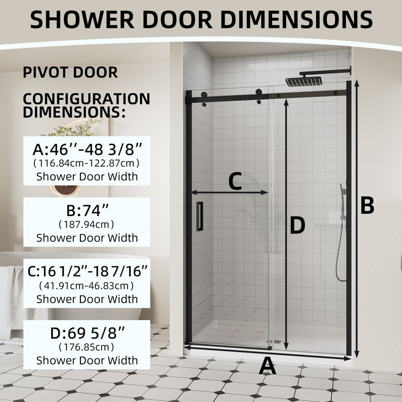Porte de douche coulissante sans cadre de 46 à 48 po x H 74 po, porte de douche en verre avec verre trempé transparent de 5/16 po (8 mm), portes de douche au fini noir mat, revêtement facile à nettoyer