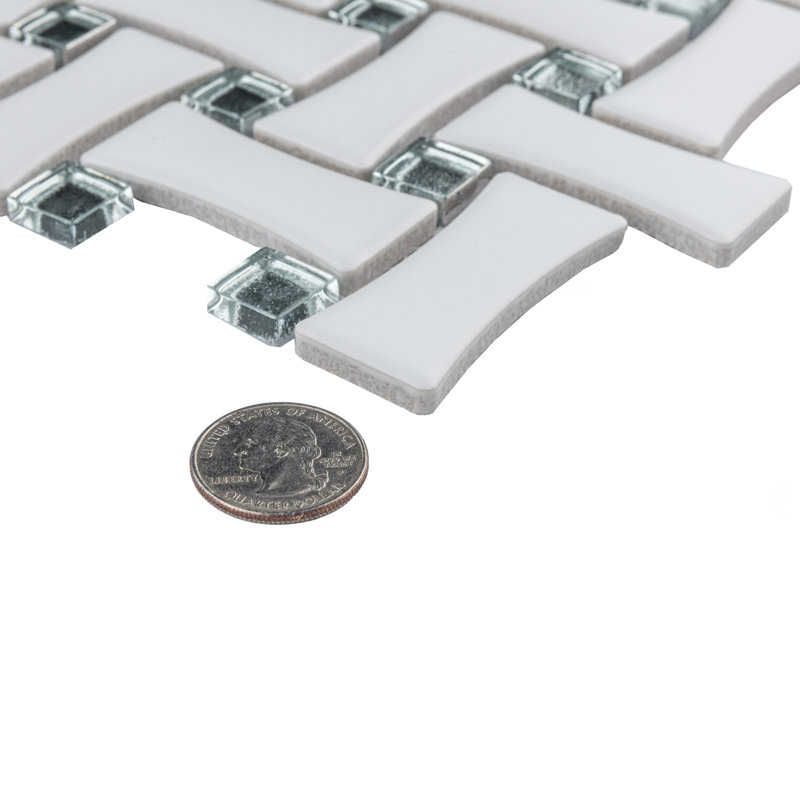 Metro Dog Bone Basketweave 0.92 In. X 2.26 In. Porcelain Basketweave Mosaic Wall Tile, Matte White w/Glass Silver Dot