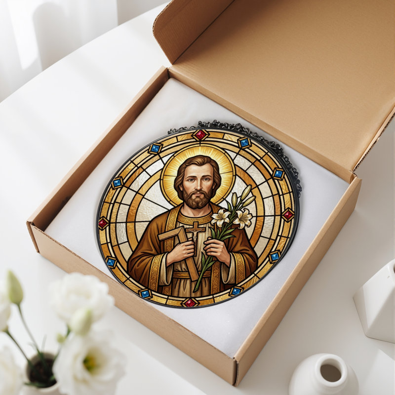Saint Joseph Stained Glass Window Panel，7.8H, 7.8"H