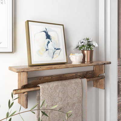 The Twillery Co. Rustic Pine Wall-Mounted Quilt Rack with Shelf – Farmhouse Blanket & Towel Holder