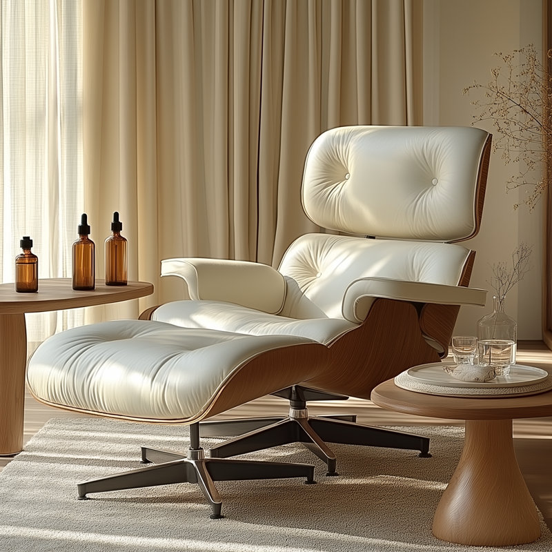Swivel Lounge Chair With Ottoman, White/Brown Wood