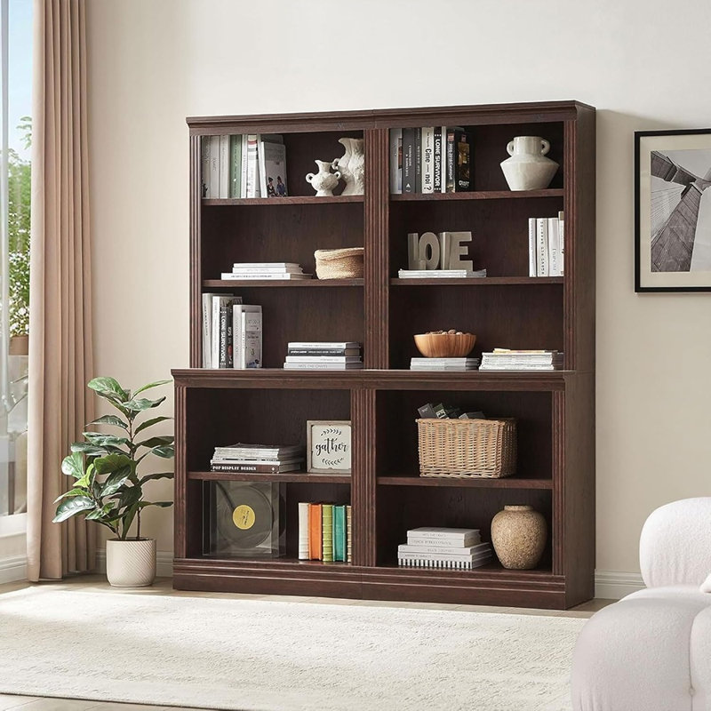 Bibliothèque multi-profondeur cerise foncée, étagère ouverte réglable pour le rangement et la présentation de la maison ou du bureau