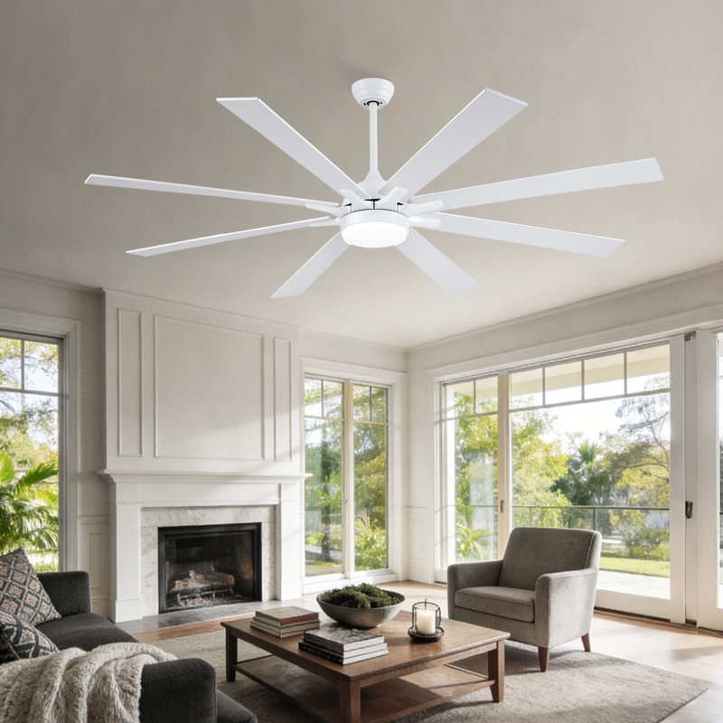72" 8-blade Large Ceiling Fans Modern Farmhouse Indoor With Lights And Remote, White