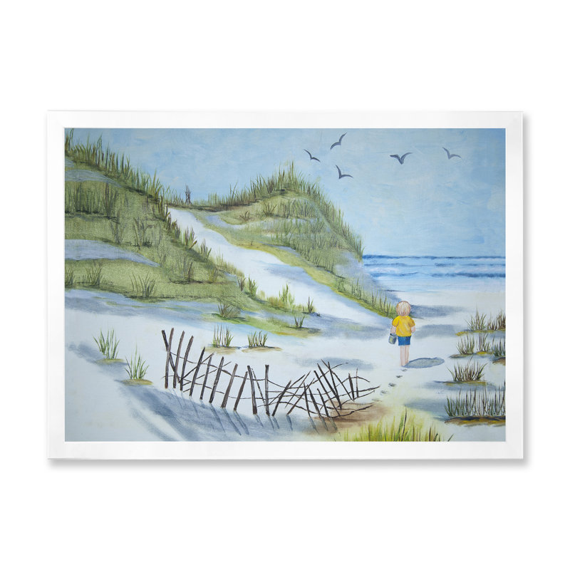 L'enfant qui marche sur la plage - Peinture sur toile, H 12 po x l 20 po x p 1 po, Cadre blanc