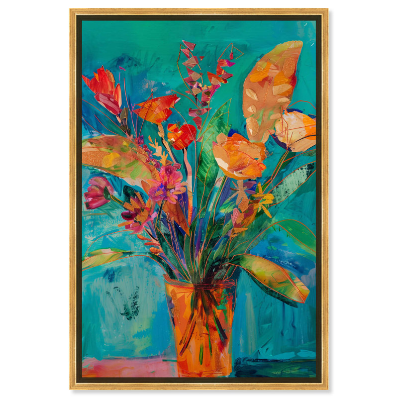 Vase à fleurs, Encadrement doré, H 31 po x l 21 po
