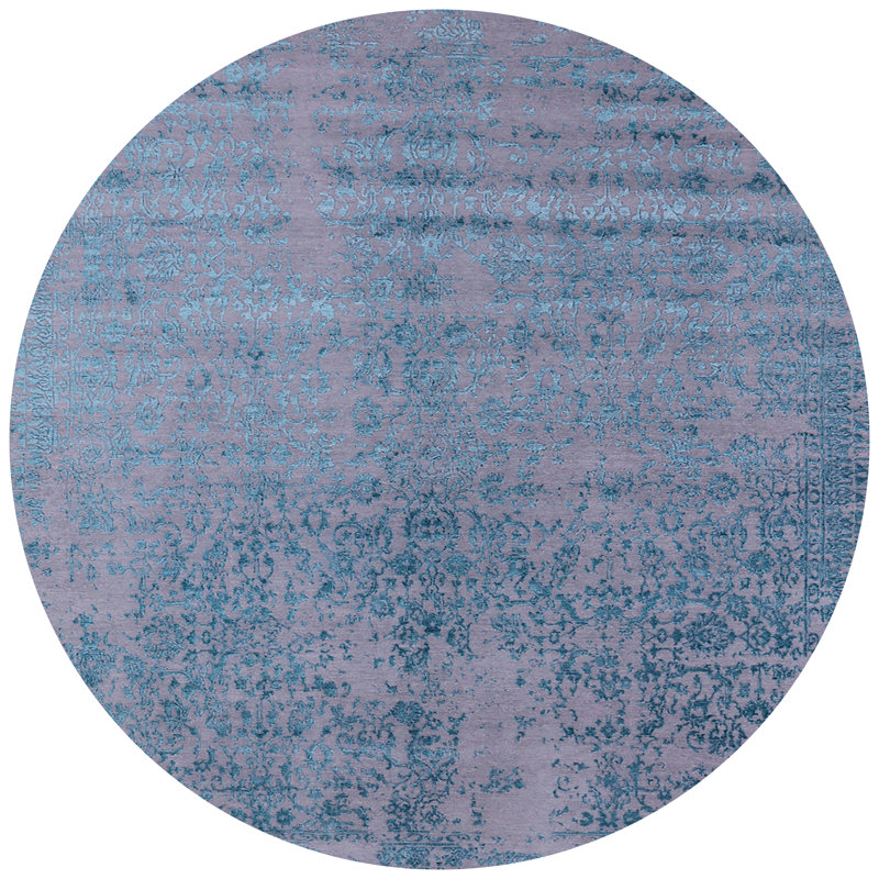 Tapis bleu à motif floral Ensembles, Rond 7 pi