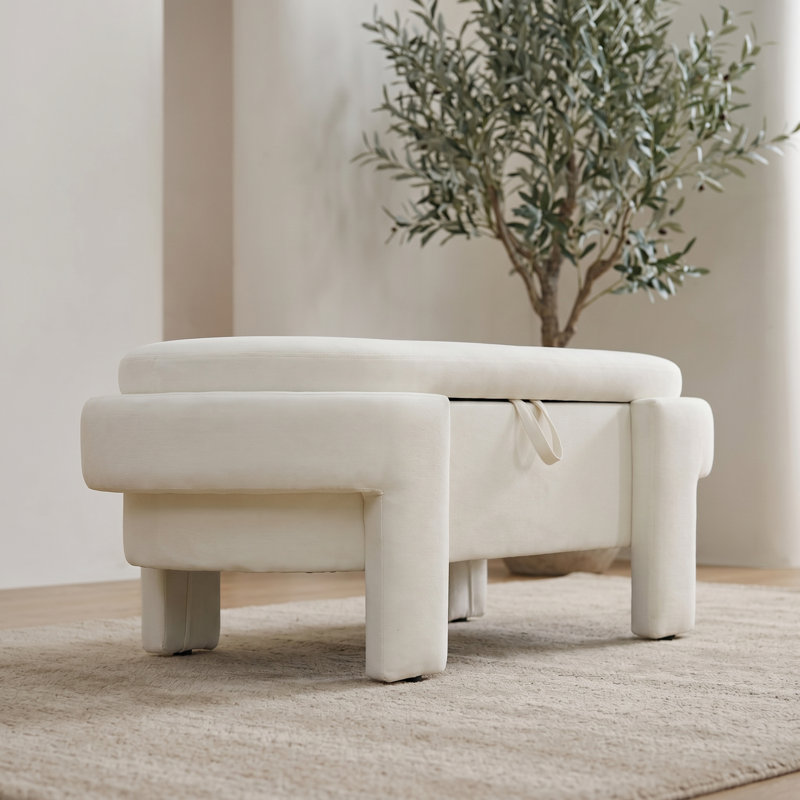 Banc de rangement ovale en lin blanc, repose-pieds de rangement rembourré avec siège rembourré pour le salon de l'entrée de la chambre à coucher