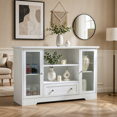 51" Modern Farmhouse Kitchen Sideboard Buffet Cabinet with Glass Doors, Drawers, Open Shelves & Adjustable Storage