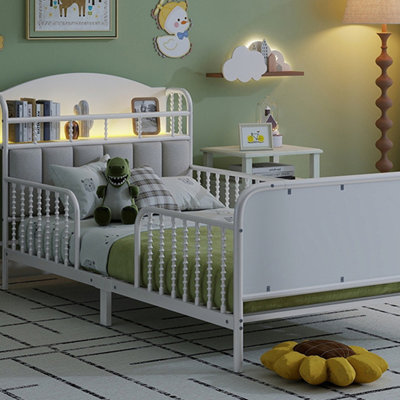 Structure de lit plateforme simple en métal avec lumière, lit simple en métal pour enfants avec tête de lit tapissier et rangement, (date d’arrivée prévue 2025/10/5)