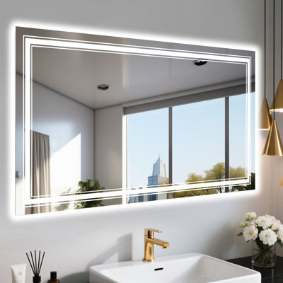 55X30 Inch Smart Led Bathroom Mirror Featuring Adjustable Brightness From 10% To 100%, 3000K - 6000K Color Temperature, Fog Button, Wall Switch Operation, 4Mm Tempered Glass Shatterproof With And