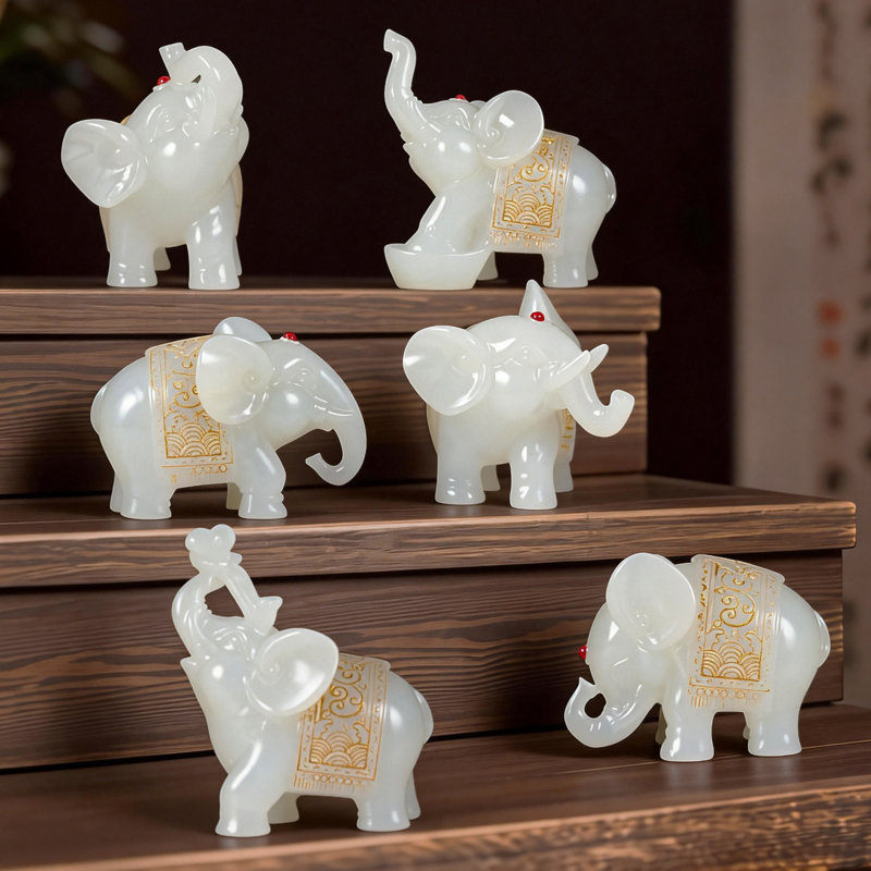 Ensemble de 6 figurines d'éléphant à aspect jade blanc avec motifs dorés - Statues d'animaux Lucky Feng Shui, Blanc