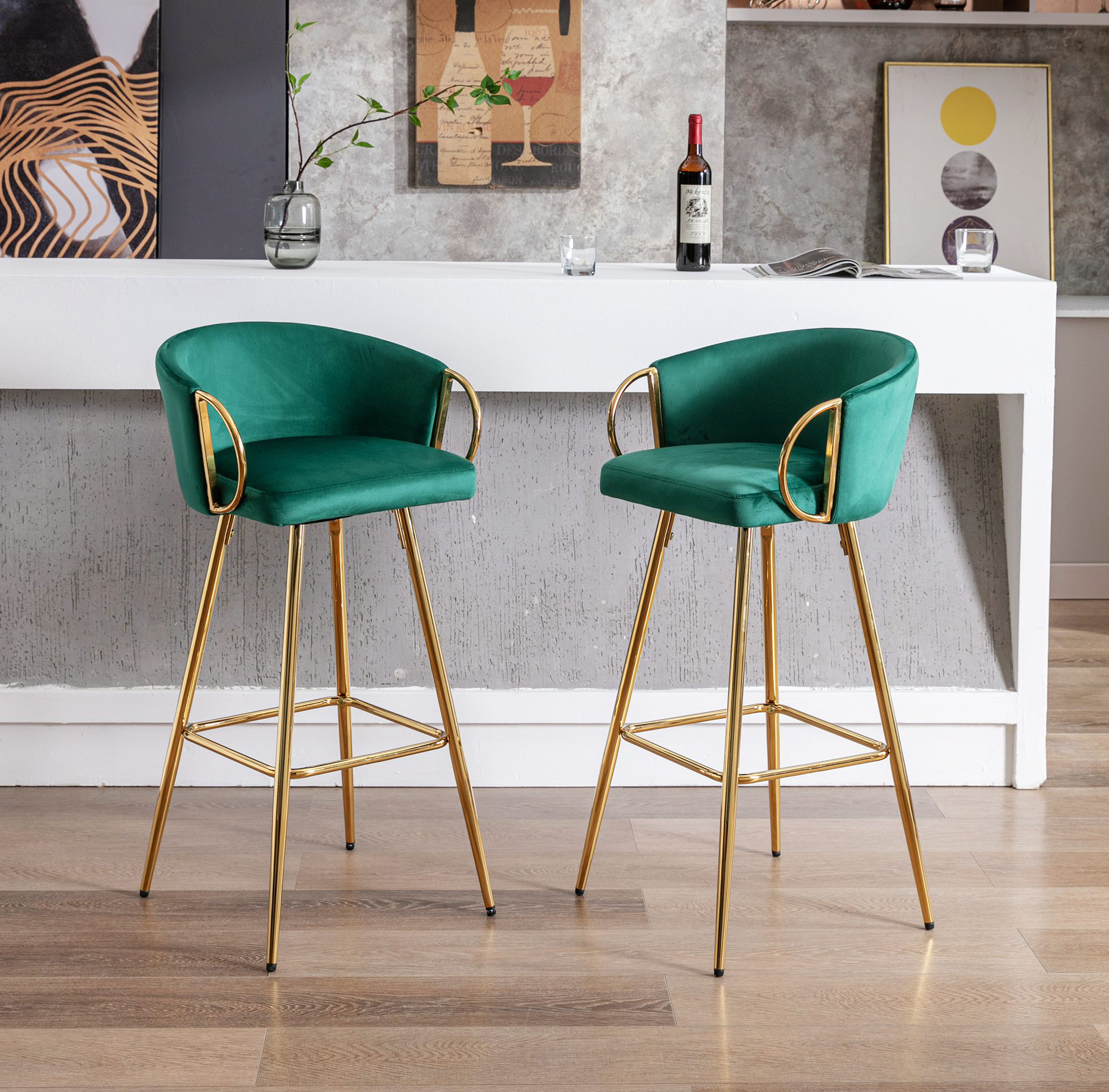 Set of 2 Velvet Bar Stools With Chrome Footrest and Metal Leg