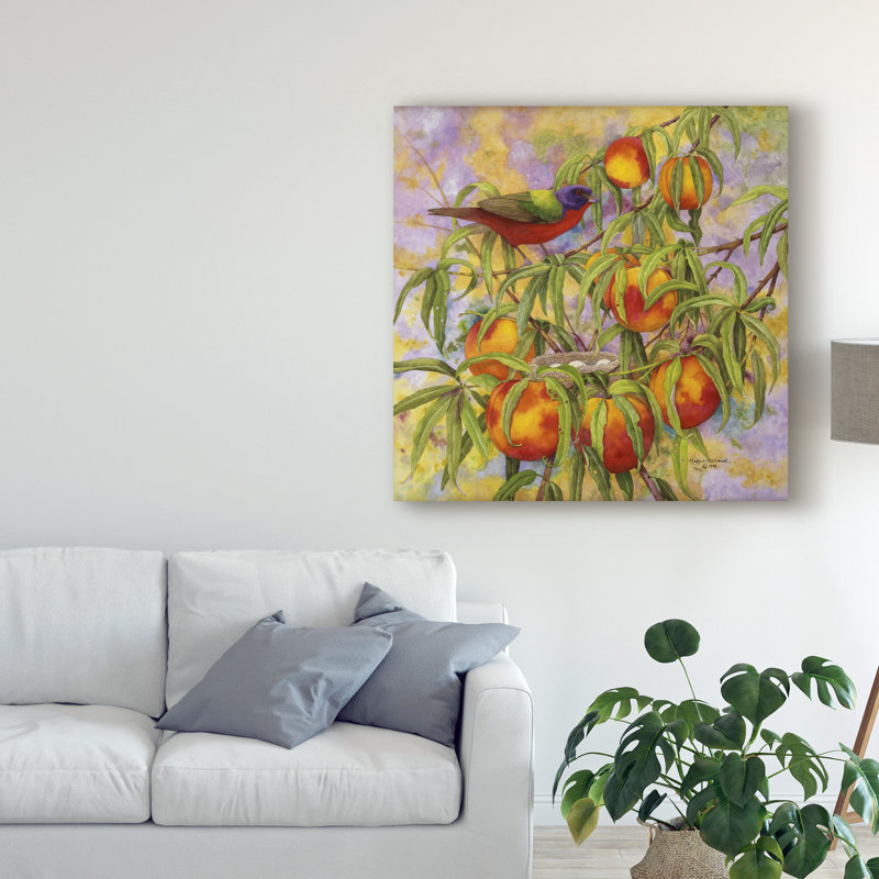 «Painted Bunting and Peaches» par Marcia Matcham - reproduction d'art sur toile, H 35 po x l 35 po x P 2 po