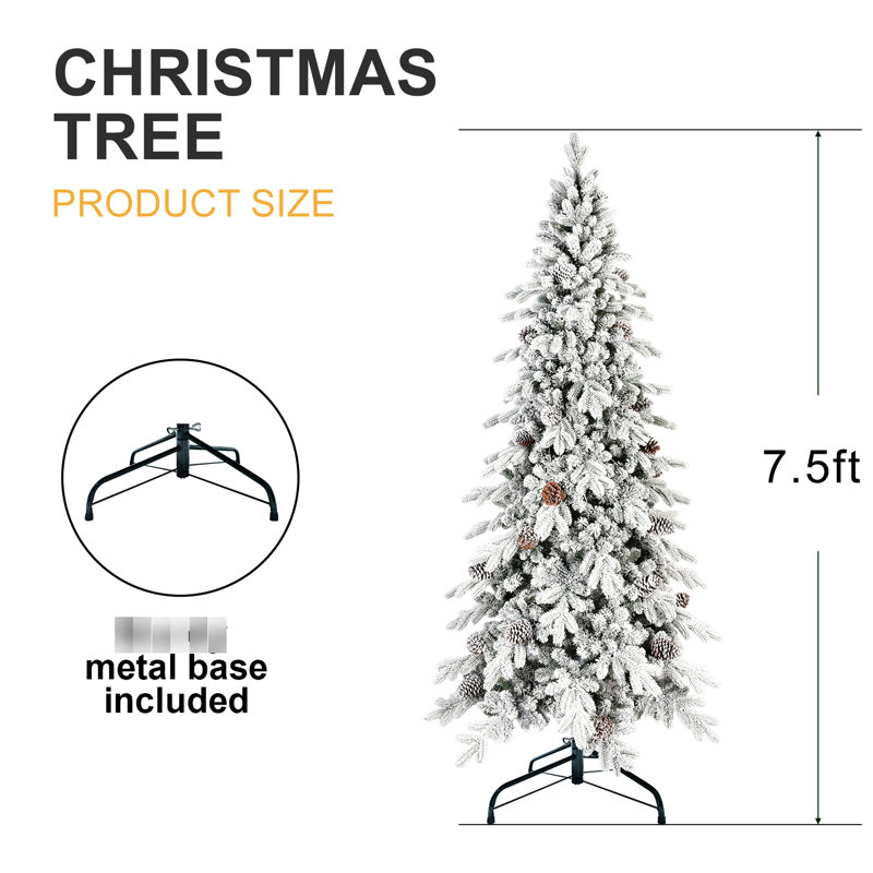 Arbre de Noël enneigé 8 pi avec 44 branches de pin, 1634 pointes, peu encombrant pour les petites pièces, branches articulées, assemblage facile, base en métal stable et faible densité naturelle, aspect neigeux rapide
