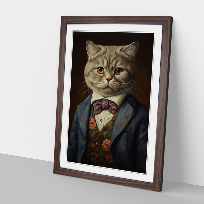 Cat In A Suit Painting No.3 - Single Picture Frame Print on Wood, Walnut Framed, 46cm H x 34cm W x 2cm D