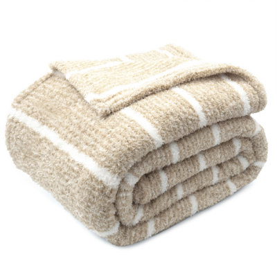 Oversized Cozy Knit Look Throw Blanket – Cloud-Soft Plush Printed Fleece, Lightweight & Breathable for All Seasons, Easy Wash & Durable for Bed & Sofa - Khaki Stripe, Queen 90" x 90"