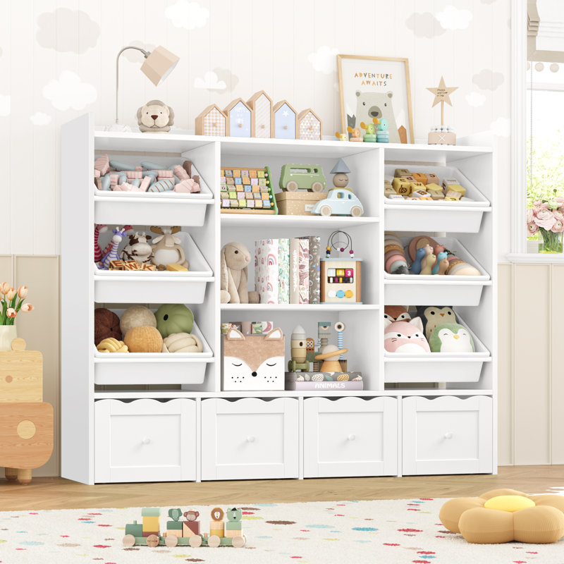 🧸 55"W x 48"H Multi-Functional Kids Organizer: 4-Drawer Toy Storage & Bookshelf with 6 Removable Bins, White