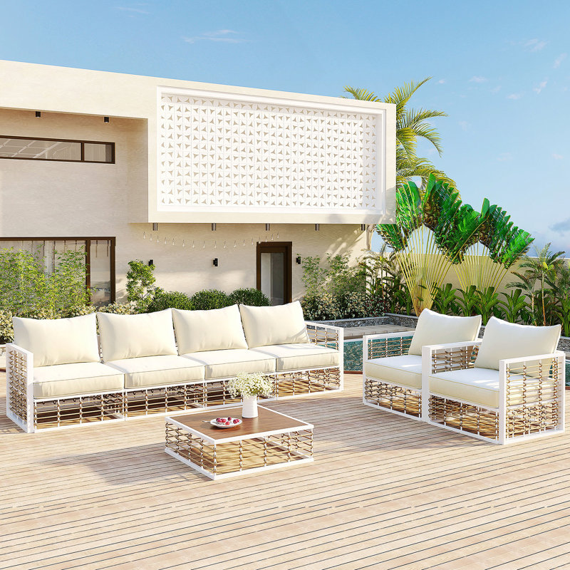 Ensemble de canapé modulaire de patio en métal 7 pièces, ensemble de conversation pour jardin avec coussins épais, Naturel
