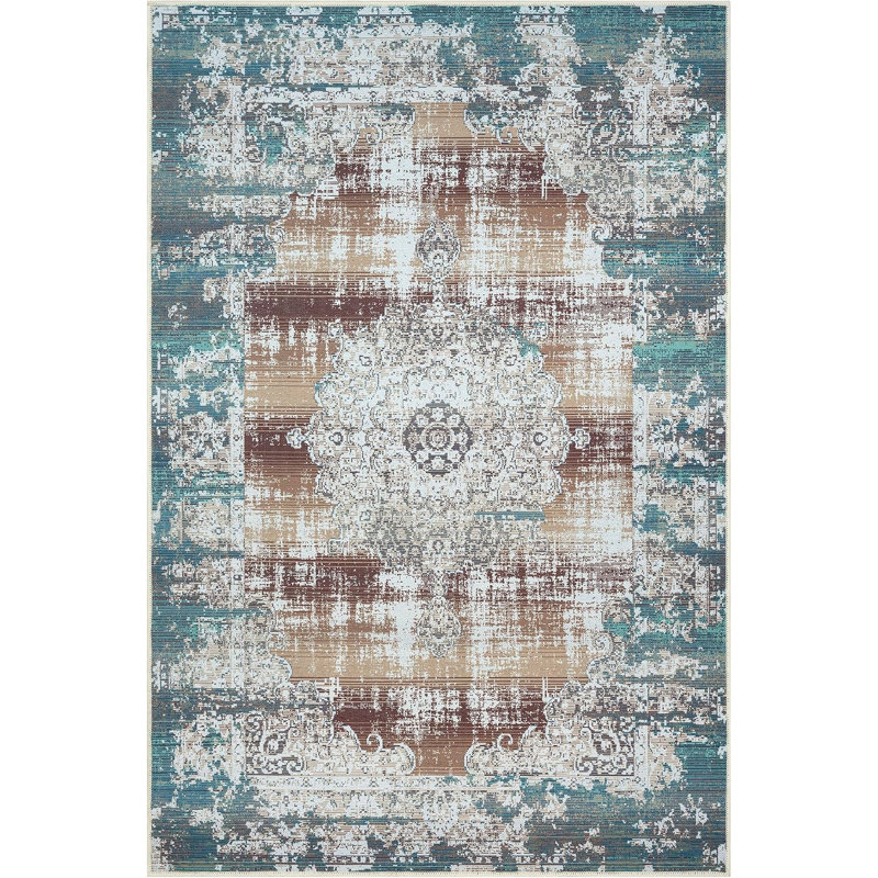 GLN Rugs Vintage Collection - Machine Washable Area Rug, Vintage Washable Rug, Non Slip Area Rug, Low Pile Living Room Rug, Bedroom Rug, Bathroom Rug - Easy Clean (Blue and Tan Rug)