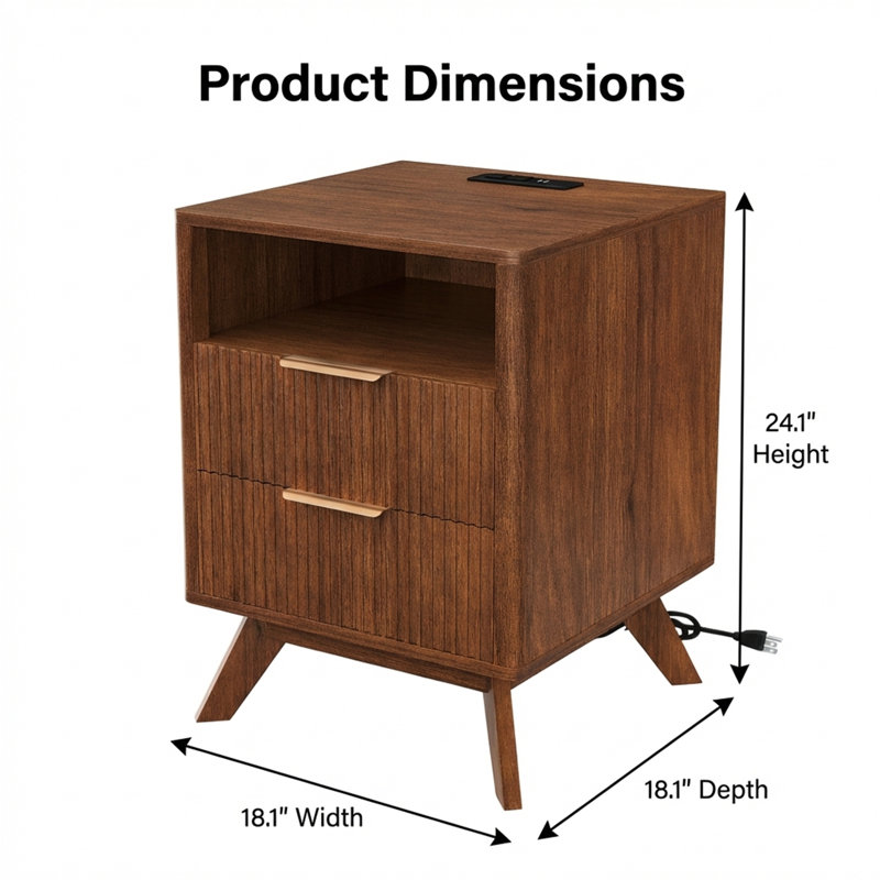 Modern Fluted Nightstand with Charging Station, Walnut