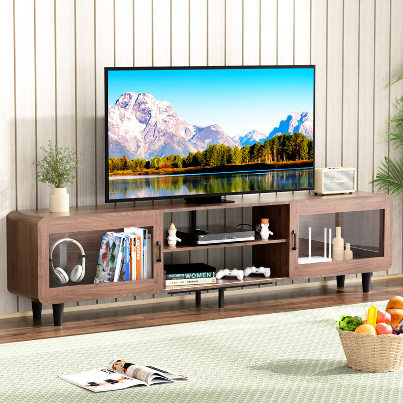 Console de télévision en bois de noyer avec portes coulissantes, prises de courant et support de rangement Mid-Century de luxe en noyer, 2 ports AC, portes