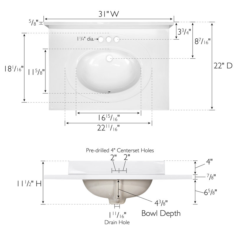 Dessus de meuble-lavabo en marbre de culture avec dosseret, 4" Centres, Blanc uni
