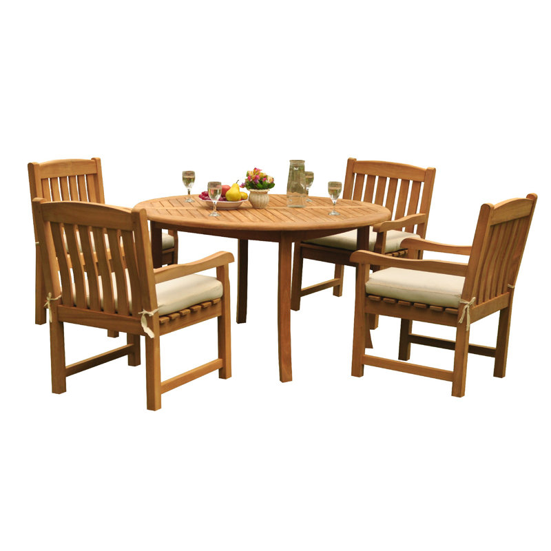 4 Seats 5 Pcs Grade-A Teak Wood Dining Set: 52" Round Table And 4 Wave Stacking Arm Chairs, 52" L x 52" W x 30.5" H, 4