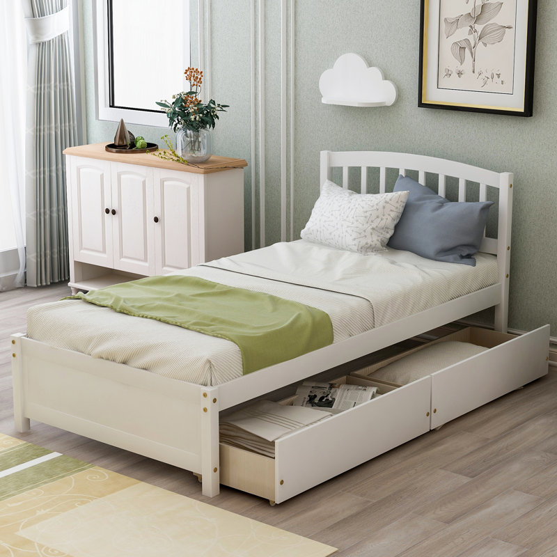 Base de lit plateforme en bois avec deux tiroirs et tête de lit, Blanc