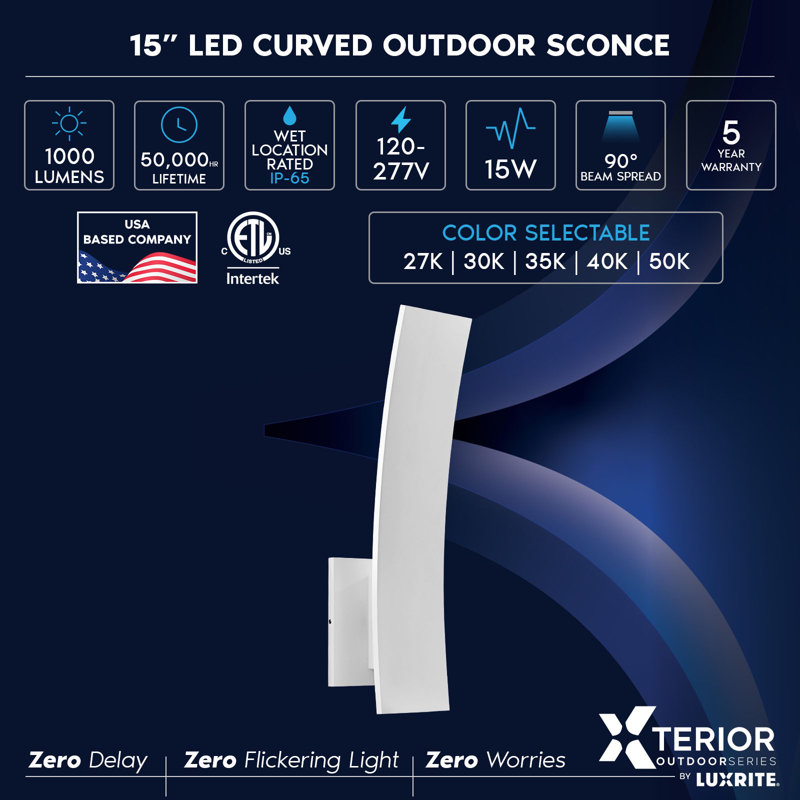 Applique murale d'extérieur incurvée à DEL de 15 pouces, 5CCT, 1000LM, 15W, étanche IP65, à intensité variable, CRI90, faisceau à 90 °, ETL, luminaire extérieur