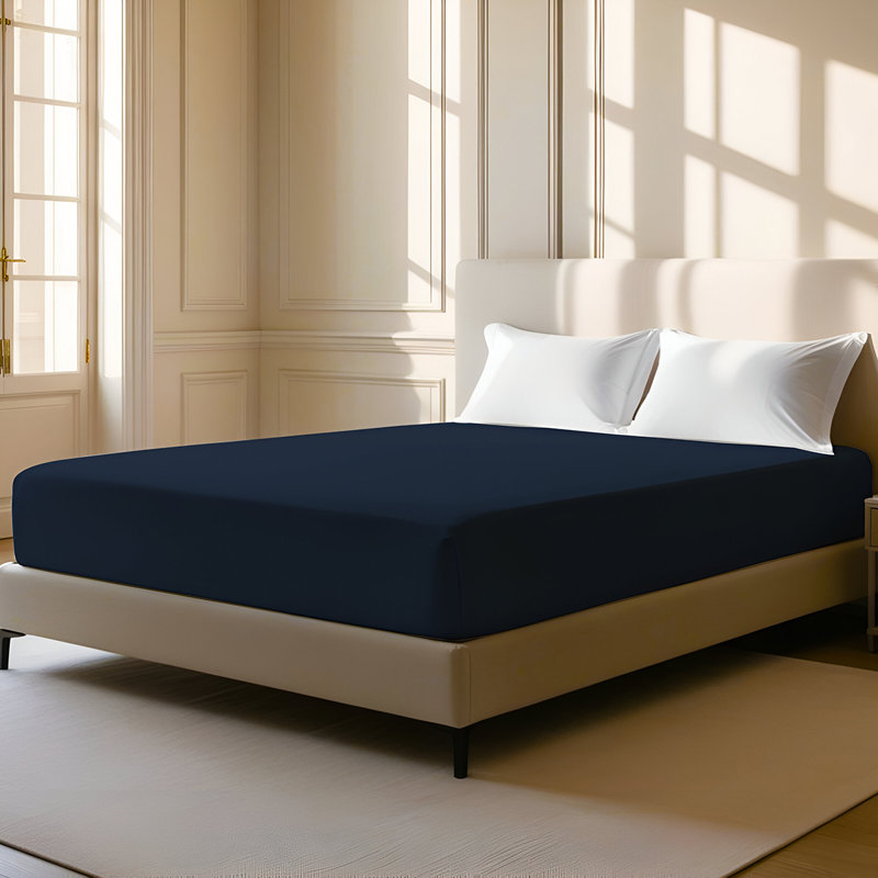 400TC Sateen Solid Cotton Fitted Sheet Fits Upto 8" Deep Pocket, Full XL Fitted Sheet, Navy Blue