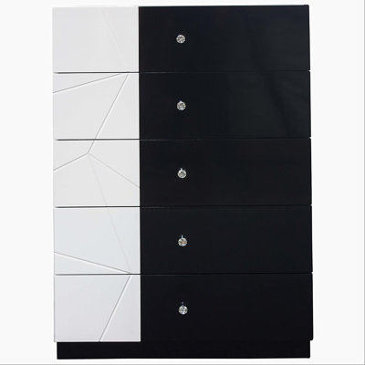Modern Bedroom 5-Drawer Chest Lacquer Finish Wood Storage Unit, Clothes Organizer, Geometric Pattern and Crystal Knob, Black/White