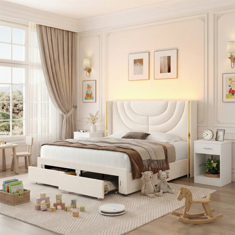 3-Piece Bedroom Set, All-in-One Kids Bedroom Solution, Upholstered Bed with Ambient Light + 2 Nightstands, EXTRA Storage Drawer