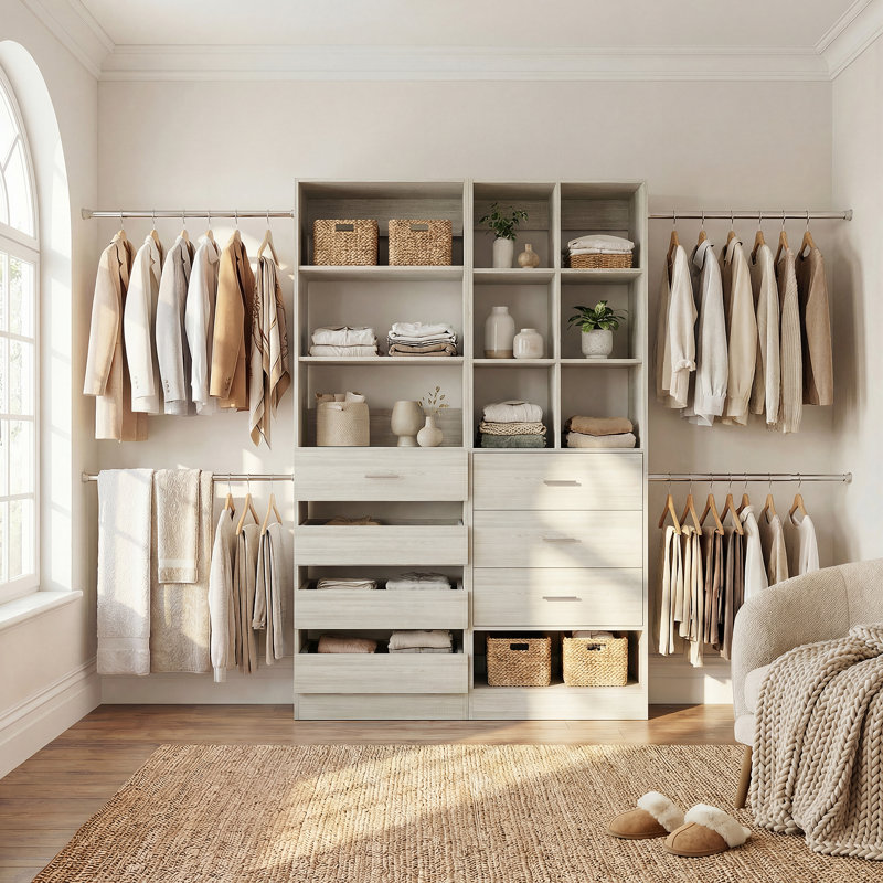 Modular Walk-In Closet System With 4 Hanging Rods, 3 Shelves & 7 Drawers - Versatile Storage Solution, Beige