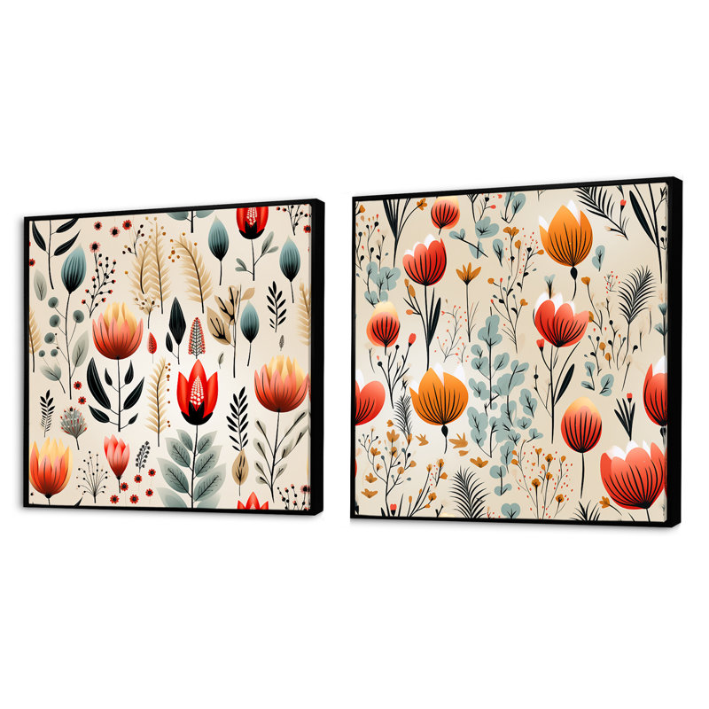 Motif floral orange Meadow - ensemble de 2 collages carrés botaniques abstraits, Cadre flottant noir, H 36 po x l 73 po