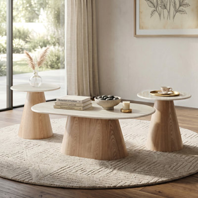 Souliere Sintered Stone Top Pedestal 3-Piece Coffee Table Set With Travertine Look