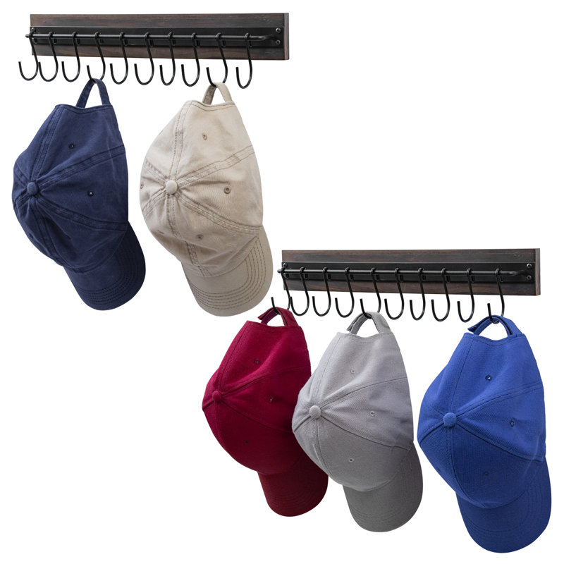 Ensemble de 2 supports à chapeaux et casquettes muraux - Cadre en métal noir mat avec base en bois rustique et crochets en S