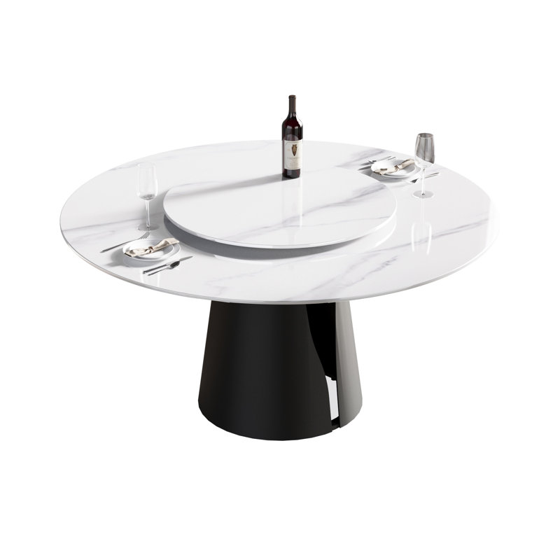 Table de salle à manger 59,38 po en pierre frittée blanche avec base en acier au carbone robuste - Sièges 6, table tournante de 31,5 po pour plus de commodité