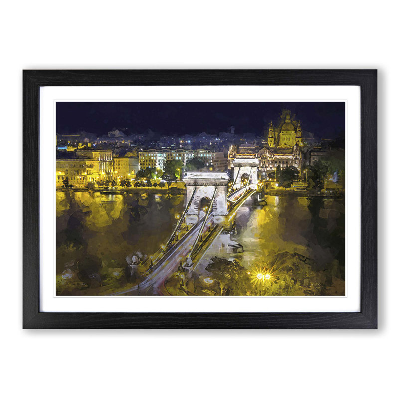 Chain Bridge in Budapest Hungary in Abstract - Picture Frame Graphic Art Print, 48cm H x 65cm W x 2cm D, Black Framed