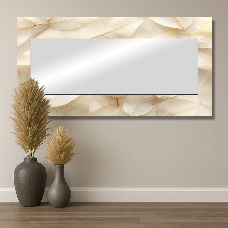 Ivoire à feuilles et collage II - Miroir mural décoratif floral - imprimé sur métal, 28 po x 55 po