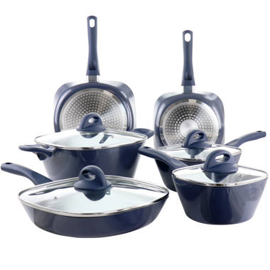 Retro by Bergner - 10 Pc Non Stick Cast Aluminum Pots and Pans Cookware  Set, 10 Pieces, Blue 