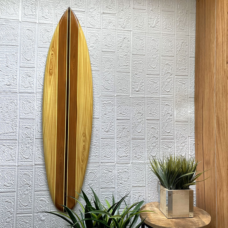 Art mural et planche murale de planche de surf en bois brun côtier avec rayures rétro de style tiki - H 39,75 po x L 9,5 po x l 0,5 po