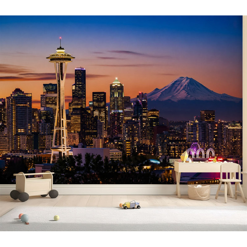 Papier peint auto-adhésif Seattle Skyline Night Mt Rainier Distance, L 69 po x l 8 po