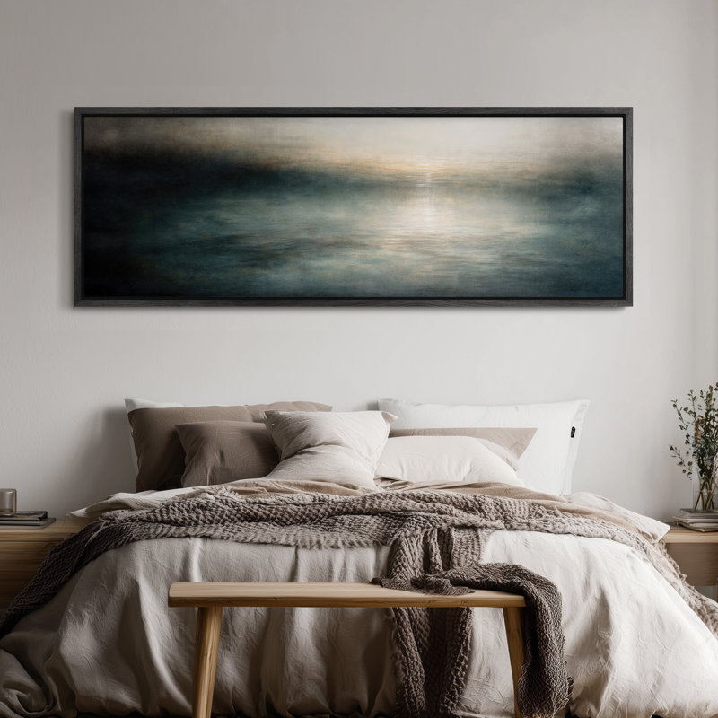 «Misty Blue Abstract Seascape Light Reflection Horizon», reproduction d'art encadrée, H 20 po x l 60 po, Noir