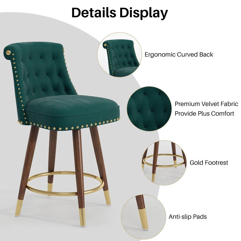 Green Velvet Upholstered Swivel Counter Stools with Wood Legs, 24" Set of 2